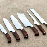 Custom hand forged D2 steel kitchen set 6 Pcs with leather roll kit